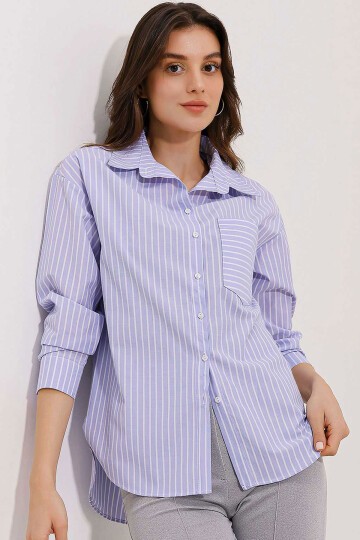 20205 Çizgili Oversize Gömlek - Mavi