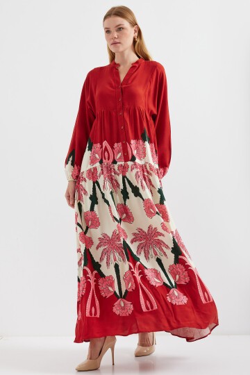 2423 Otantik Desenli Tesettür Elbise - A.Bordo