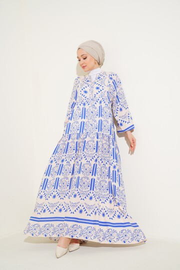 2423 Otantik Desenli Tesettür Elbise - Krem