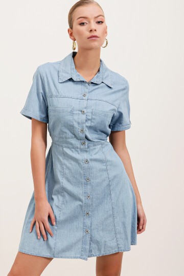 2433 Çift Cepli Mini Kot Elbise - Mavi