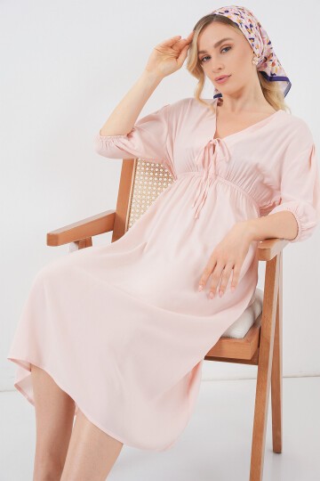 2570 Kadın Beli Büzgülü V Yaka Elbise - Pudra