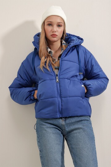 5117 Kapşonlu Şişme Mont - Saks