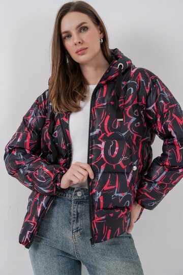 5125 Desenli Şişme Mont - G. Siyah