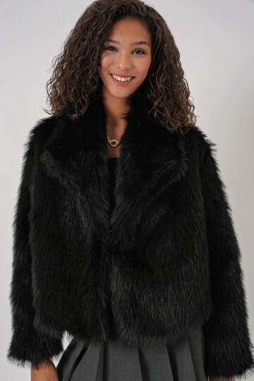 5186 Kruvaze Peluş Kürk Kaban - Siyah