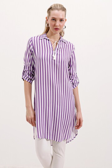 5613 Yaka Bağcıklı Çizgili Tunik - Lila