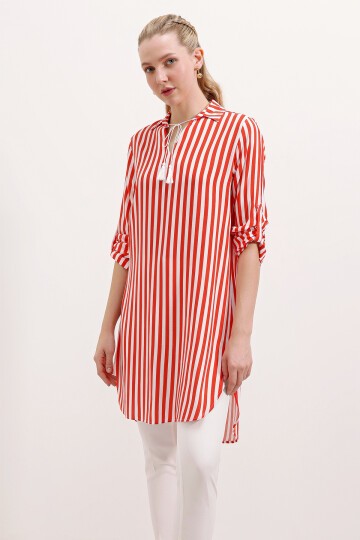 5613 Yaka Bağcıklı Çizgili Tunik - Nar