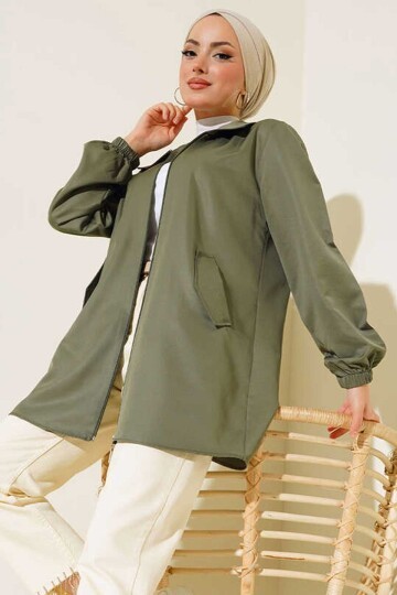 5908 Cep Kapaklı Kısa Trençkot - Haki