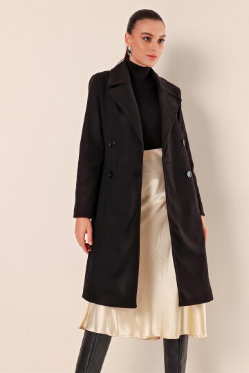 9095 Kruvaze Yaka Kaşe Kaban - Siyah