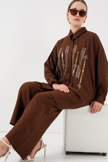 Desenli Tunik Pantolon İkili Takım 6720 - Kahverengi