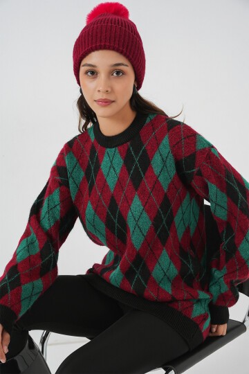 Kadın Baklava Desenli Triko Kazak 15929 - Bordo