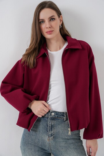 Kadın Büzgülü Oversize Kaşe Ceket 0728 - Bordo