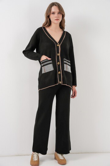 Kadın Cepli Hırka Triko İkili Takım 15964 - Siyah