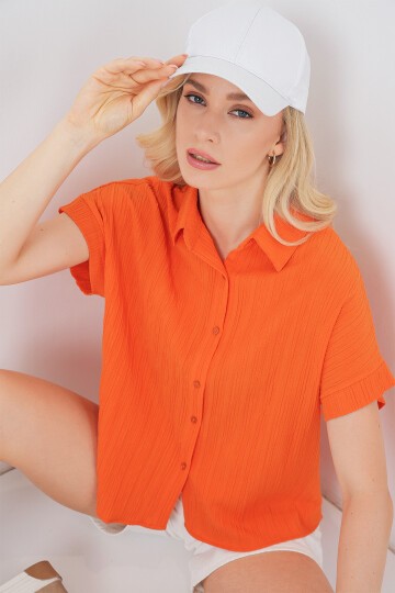 Kadın Çizgili Kısa Kol Gömlek 20324 - Turuncu