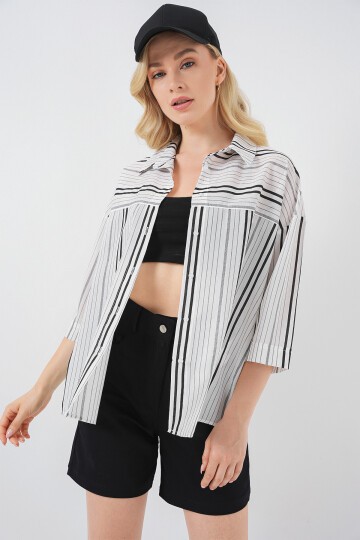 Kadın Çizgili Kısa Kol Gömlek 20344 - Siyah - Taş