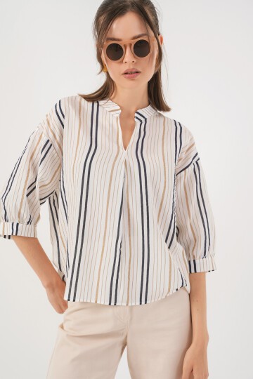 Kadın Çizgili Oversize Bluz 967 - Bej