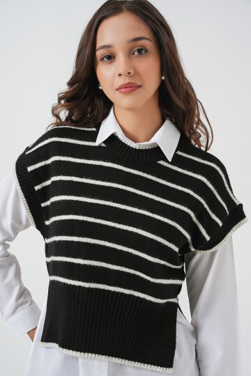Kadın Çizgili Triko Süveter 15926 - Siyah