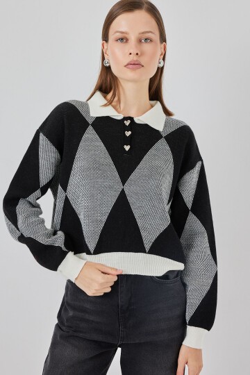 Kadın Crop Triko Kazak 15936 - D. Siyah