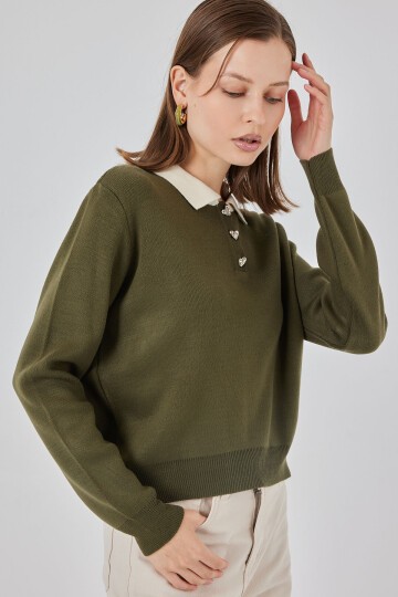 Kadın Crop Triko Kazak 15936 - Haki