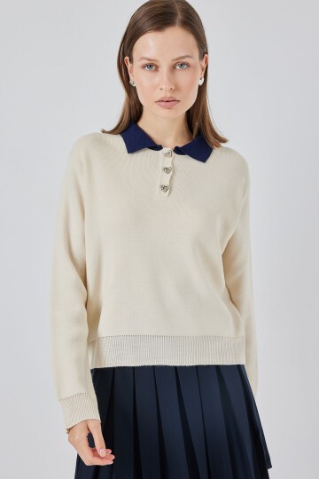 Kadın Crop Triko Kazak 15936 - Krem