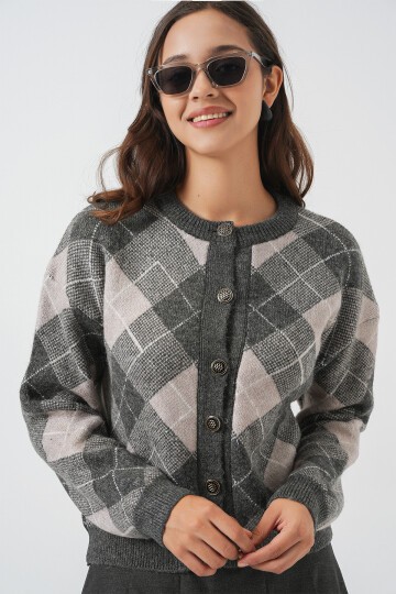 Kadın Desenli Düğmeli Triko Hırka 15927 - Antrasit