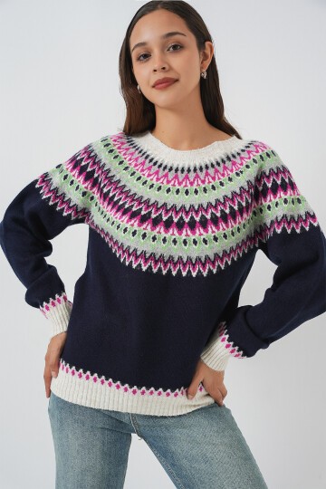 Kadın Desenli Triko Kazak 15932 - Lacivert