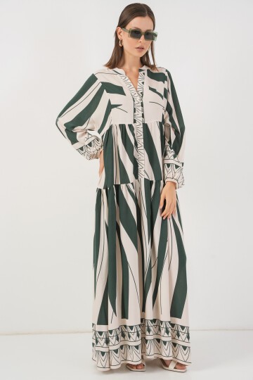 Kadın Desenli Uzun Tesettür Elbise 2585 - A. Zümrüt Yeşili