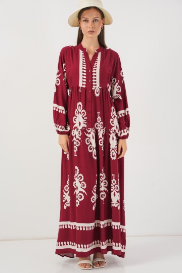 Kadın Desenli Uzun Tesettür Elbise 2585 - A.Bordo