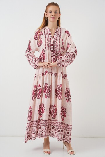 Kadın Desenli Uzun Tesettür Elbise 2585 - B.Kırmızı