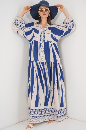 Kadın Desenli Uzun Tesettür Elbise 2585 - C. İndigo