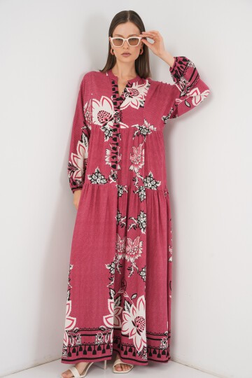 Kadın Desenli Uzun Tesettür Elbise 2585 - Gül Kurusu