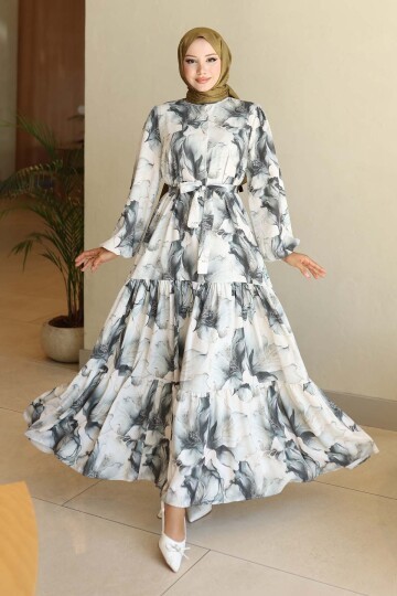 Kadın Desenli Uzun Tesettür Elbise 2586 - Haki