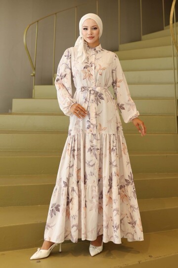 Kadın Desenli Uzun Tesettür Elbise 2586 - Krem
