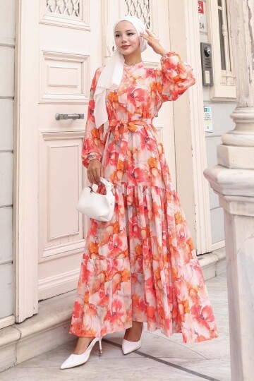 Kadın Desenli Uzun Tesettür Elbise 2586 - Oranje