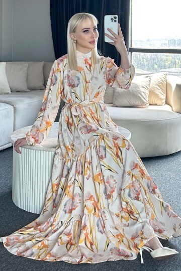 Kadın Desenli Uzun Tesettür Elbise 2586 - Sarı