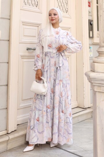 Kadın Desenli Uzun Tesettür Elbise 2586 - Taş