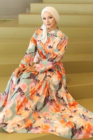 Kadın Desenli Uzun Tesettür Elbise 2586 - Turuncu