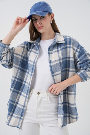 Kadın Ekose Desen Oversize Oduncu Gömlek 3854 Bebe Mavi