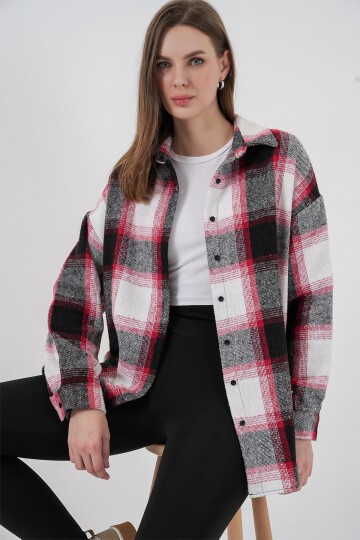 Kadın Ekose Desen Oversize Oduncu Gömlek 3854 Kiremit