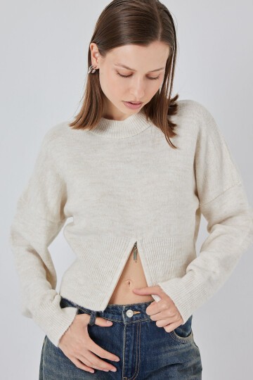 Kadın Fermuarlı Triko Kazak 15937 - Ekru