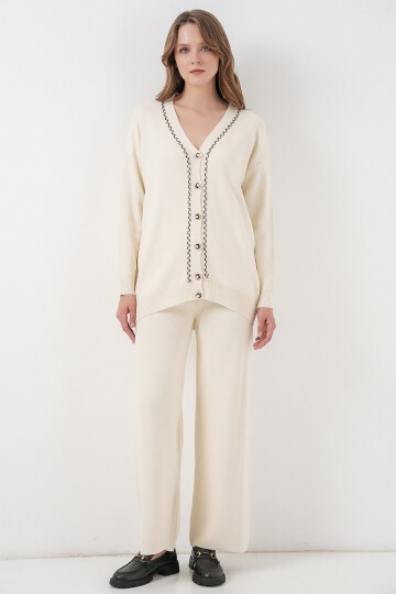 Kadın Hırka Pantolon Triko İkili Takım 15956 - Ekru