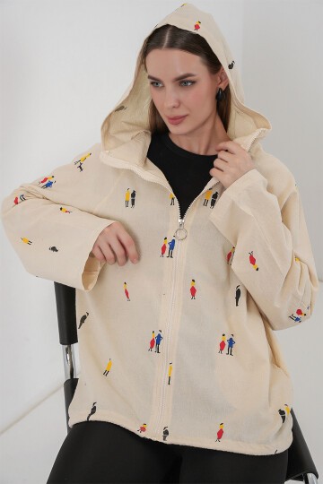 Kadın Kapüşonlu Desenli Keten Ceket 0736 - Ekru