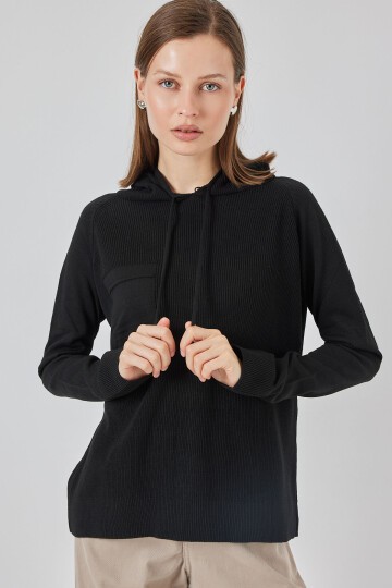 Kadın Kapüşonlu Triko Kazak 15941 - Siyah