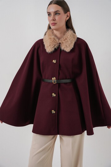 Kadın Kemerli Kaşe Panço 9165 - Bordo
