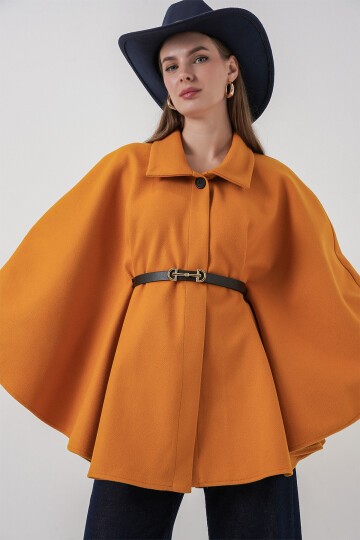 Kadın Kemerli Kaşe Panço 9170 - Hardal