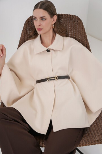 Kadın Kemerli Kaşe Panço 9170 - Krem