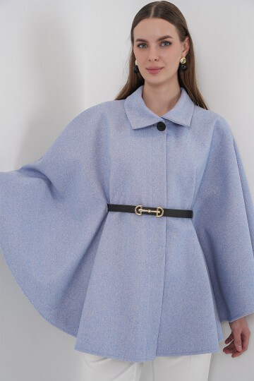 Kadın Kemerli Kaşe Panço 9170 - Mavi