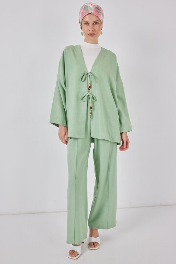 Kadın Keten Kimono İkili Takım 6727 - E.Yeşil