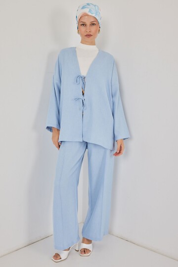 Kadın Keten Kimono İkili Takım 6727 - Mavi