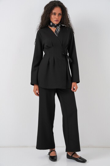 Kadın Kimono Pantolon Kumaş Takım 30054 - Siyah