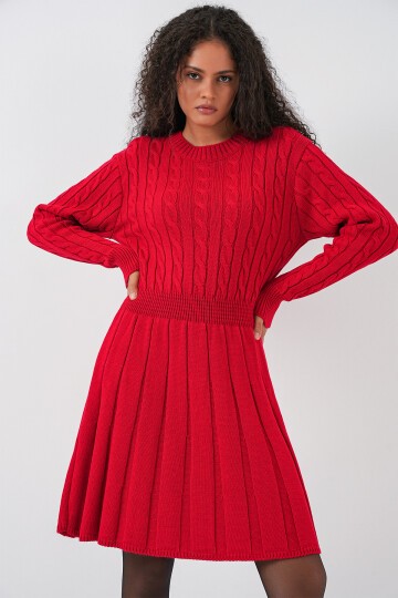 Kadın Kısa Triko Elbise 15943 - Kırmızı